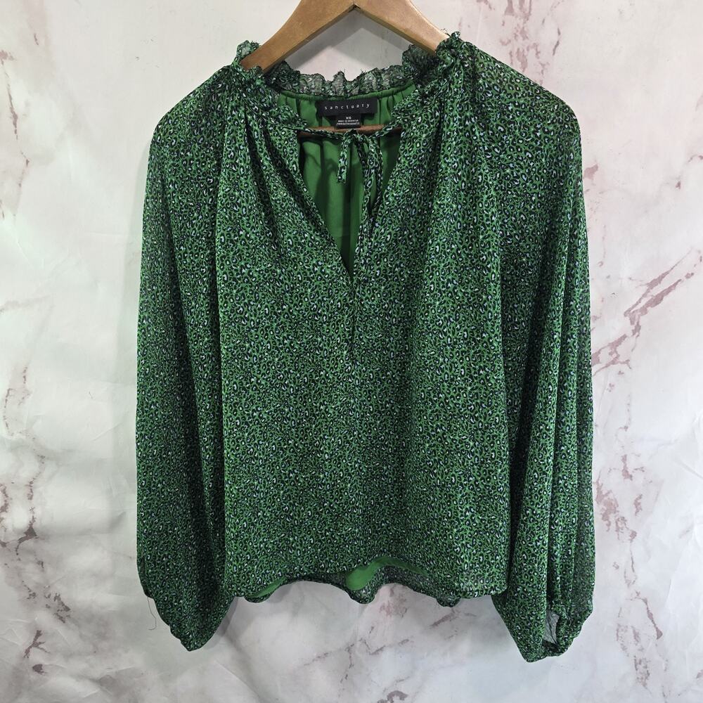 Anthropologie Shirt Womens XS Green Tie Blouse Balloon Leopard Sanctuary